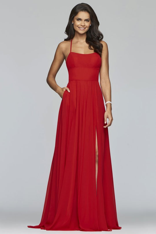 Faviana - S10233 String Back Empire Waist A-Line Chiffon Dress in Red