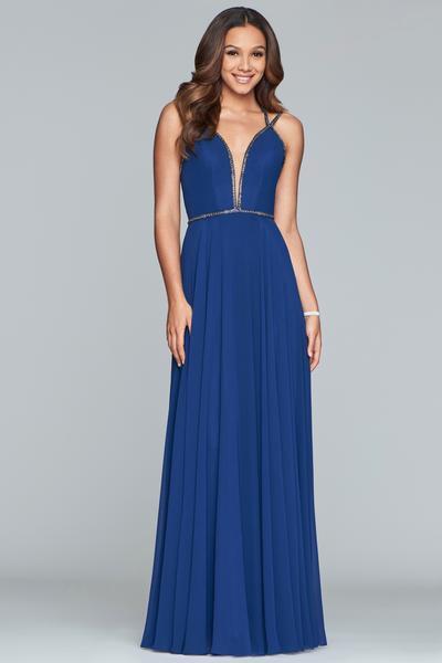 Faviana - S10234 Embellished Deep V-neck Chiffon A-line Dress in Blue