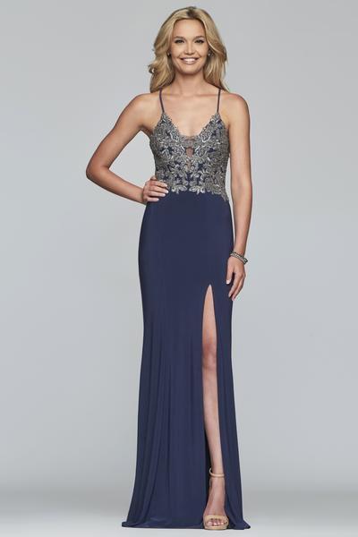 Faviana - S10269 Bead Embroidered V-neck Jersey Sheath Dress in Gray