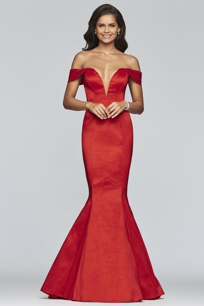 Faviana - S10241 Plunging V-neck Taffeta Mermaid Dress in Red