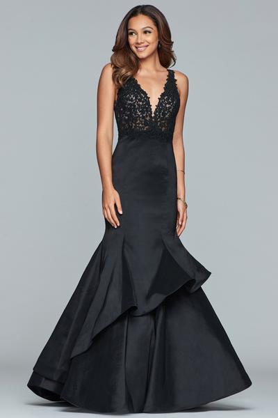 Faviana - S10242 Beaded V-neck Jersey Tiered Mermaid Dress in Black