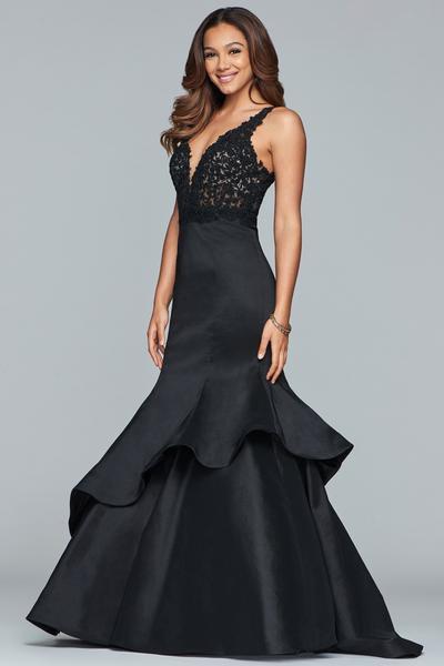Faviana - S10242E Lace Bodice Structured Asymmetrical Tiered Gown in Black