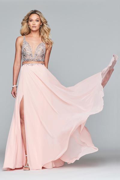Faviana - S10244 Two-Piece Crystal-Crusted Chiffon Gown in Pink