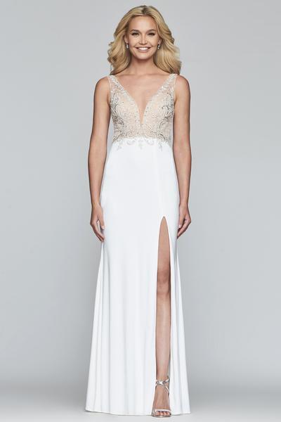 Faviana - S10246 Beaded V-neck Jersey Fitted Dress in White