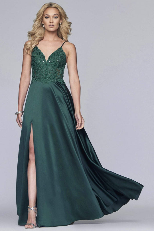 Faviana - S10253 Beaded Lace Applique Sleeveless Satin Evening Gown in Green