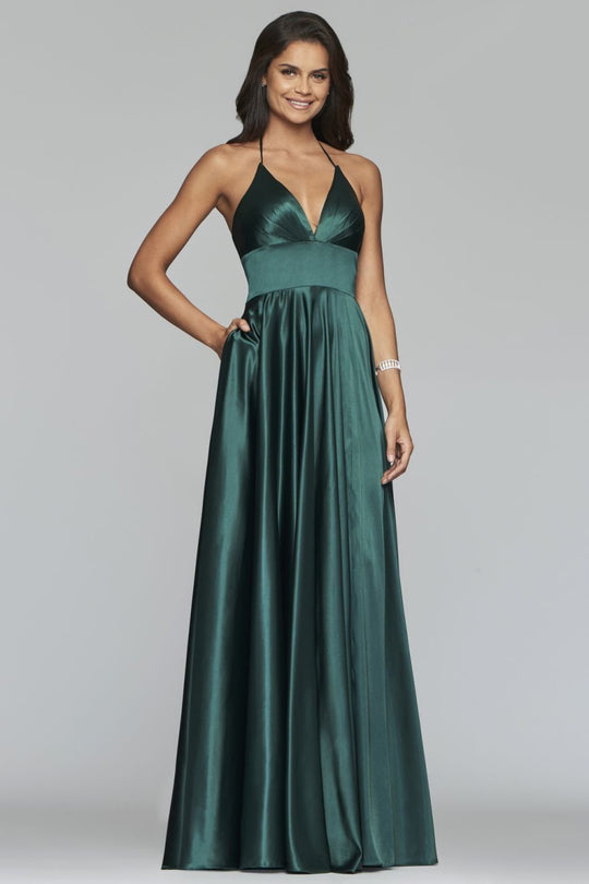 Faviana - Plunging V-Neck Empire Waist A-line Dress S10255 in Green