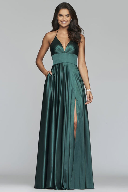 Faviana - S10255 Stretch Matte Satin V-neck A-line Dress in Green