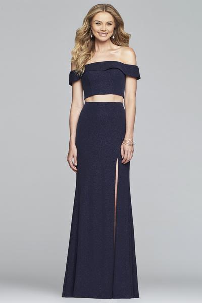 Faviana - S10262 Two Piece Glitter Jersey Off-Shoulder Dress In Blue