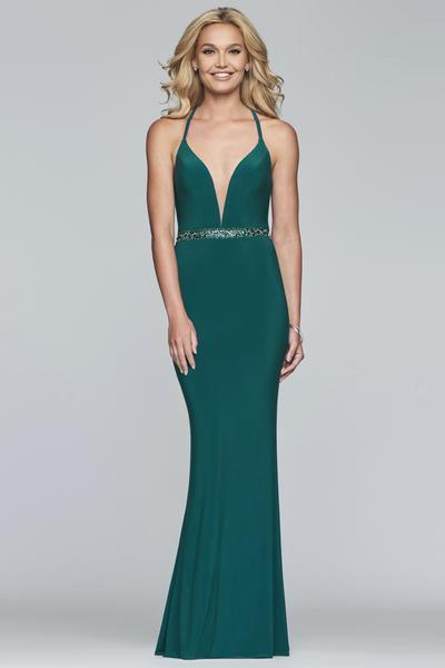 Faviana - S10266 Beaded Deep V-neck Jersey Fitted Dress In Green