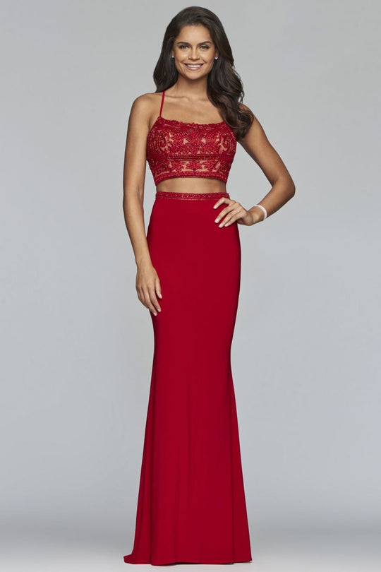 Faviana - Beaded Applique Two-Piece Sheath Gown S10272 in Red