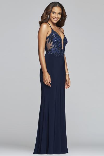 Faviana - S10273 Applique Deep V-neck Jersey Fitted Dress in Blue