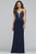 Faviana - S10273 Applique Deep V-neck Jersey Fitted Dress in Blue