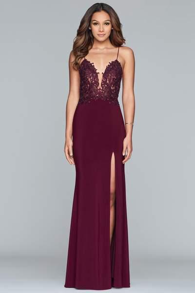 Faviana - S10275 Applique Deep V-neck Jersey Fitted Dress In Red