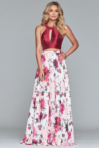 Faviana - S10277 Two Piece Jewel Floral Dress with Back Bow in White and Red