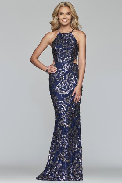 Faviana - S10281 Sequined Rosette Motif Long Halter Gown in Blue and Gold