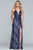 Faviana - S10282 Sequined Rosette Motif High Slit Gown in Blue and Gold