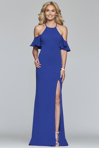Faviana - S10283 Halter Neck Sheath Dress With Short Flare Sleeves in Blue