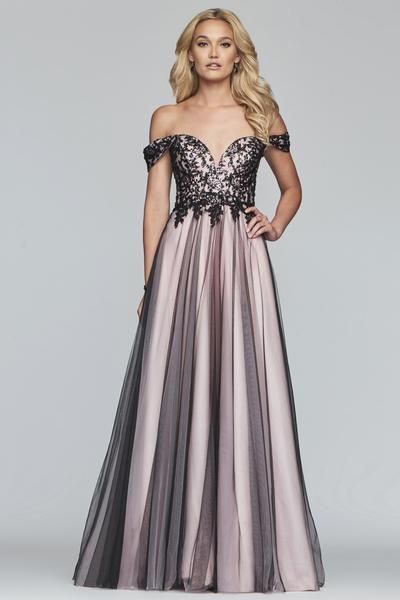 Faviana - S10290 Beaded Lace Off-Shoulder Evening Gown in Pink and Black