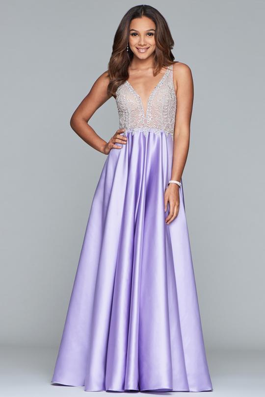 Faviana - S10291 Beaded Deep V-neck Satin Ballgown in Purple