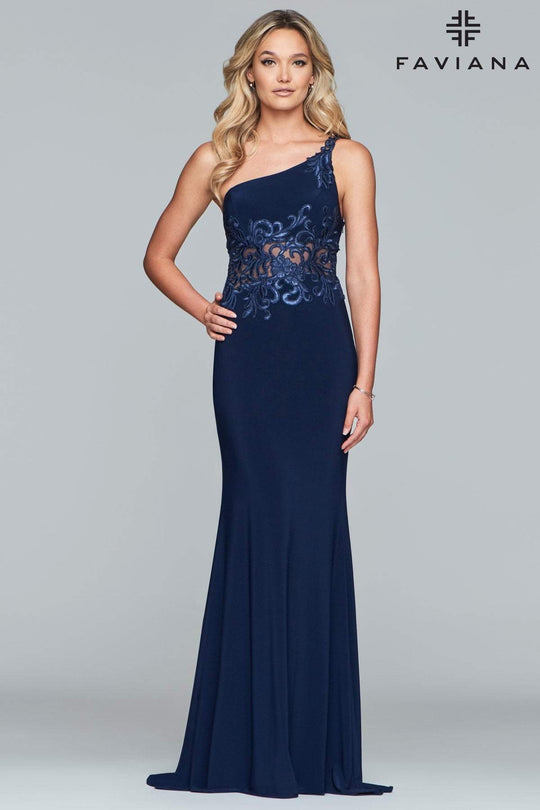 Faviana - S10294 One Shoulder Appliqued Evening Gown In Blue