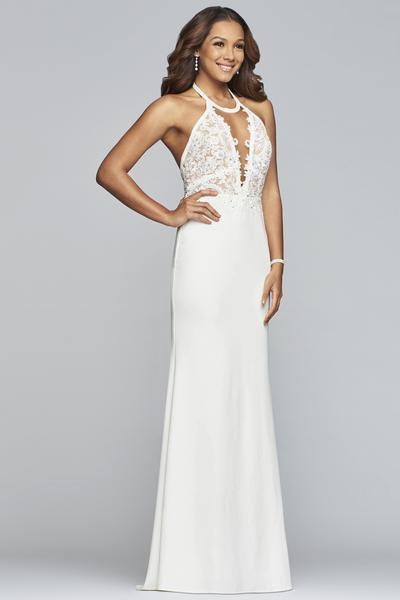 Faviana - S10296 Applique Halter Neck Matte Stretch Crepe Fitted Dress in White
