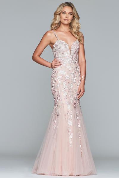 Faviana - S10300 Embroidered Tulle Deep Sweetheart Mermaid Dress in Pink