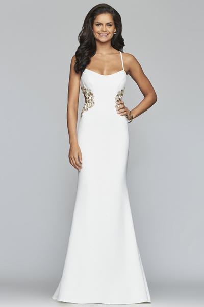 Faviana - Metallic Floral Appliqued Trumpet Gown S10302 In White