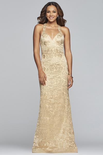 Faviana - S10303 Metallic Embroidered Sheath Evening Gown in Gold
