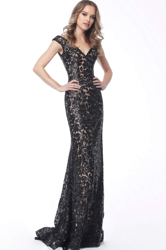 Jovani - 51996 Embroidered Off-Shoulder Sheath Dress In Black and Neutral