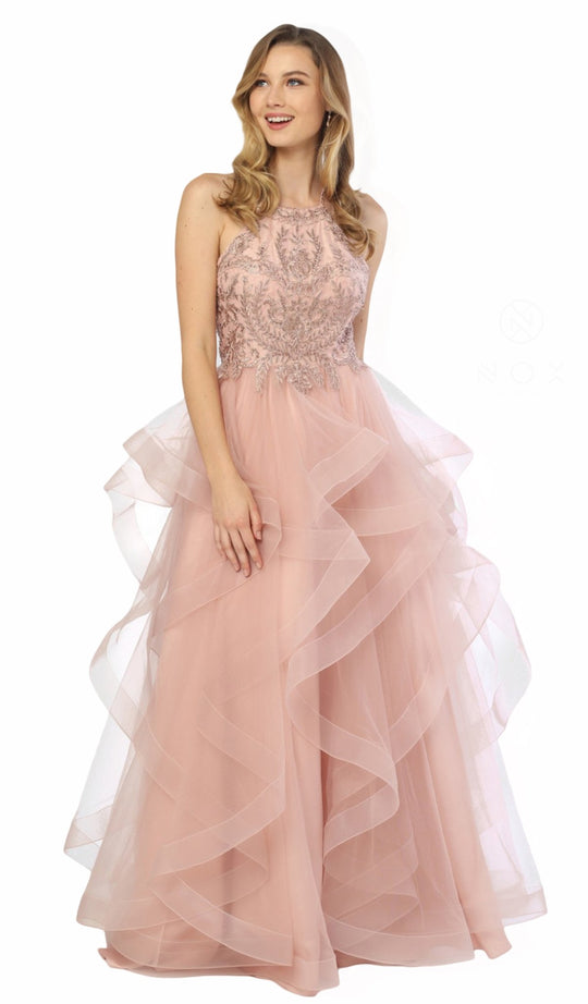 Nox Anabel - S266 Embellished Halter Ruffled A-line Dress In Pink