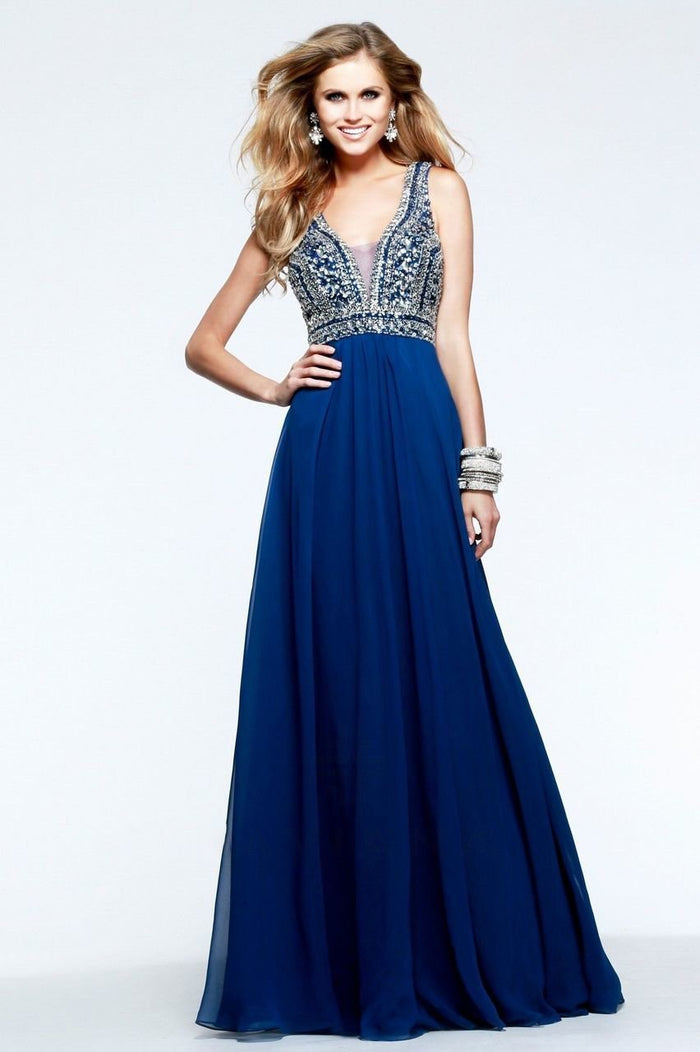 S7500 Long V-neck A-line Evening Gown with Beaded Bodice