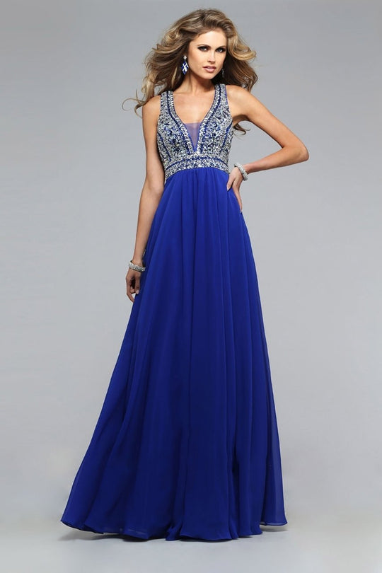 S7500 Long V-neck A-line Evening Gown with Beaded Bodice