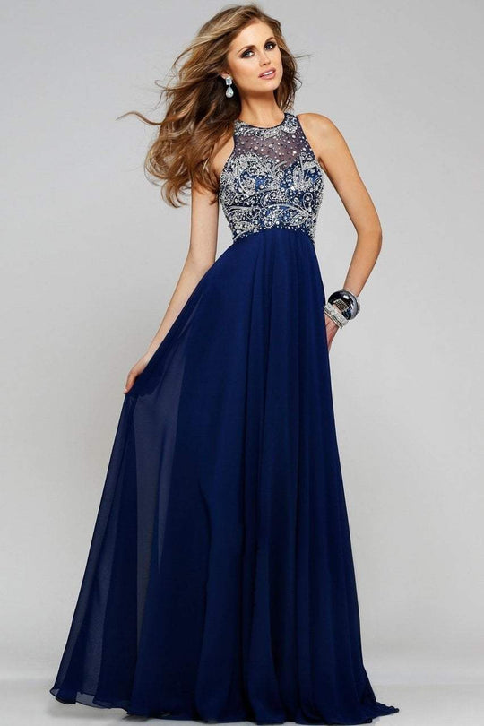 s7560 Chiffon v-neck evening dress with beaded bodice