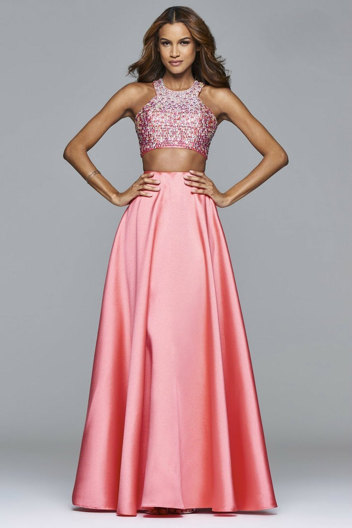 s7827 Frosted satin two piece with fully beaded bodice