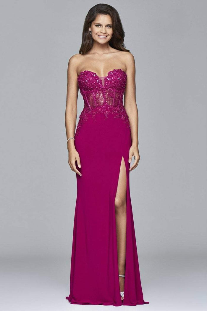 s7907 Sequined Lace Illusion Corset Sheath Gown