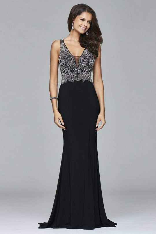 s7915 Long jersey fit and flare dress with beaded bodice