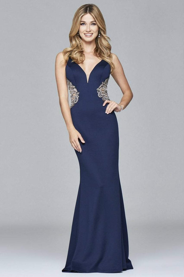 s7916 Long fitted neoprene dress with beading at side waist