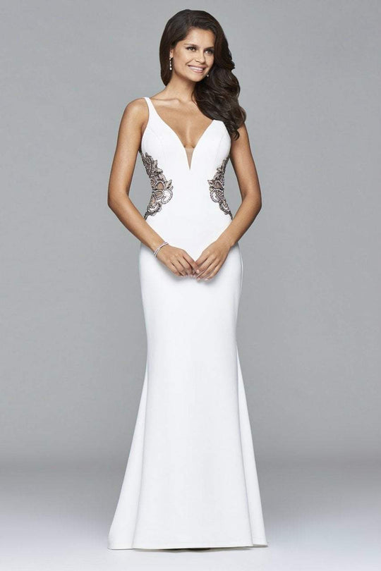 s7916 Long fitted neoprene dress with beading at side waist