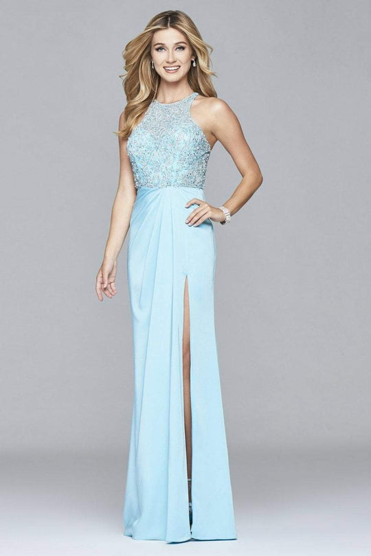 s7955 Long faile satin dress with beaded bodice