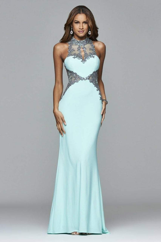 s7960 Long jersey halter dress with metallic trim