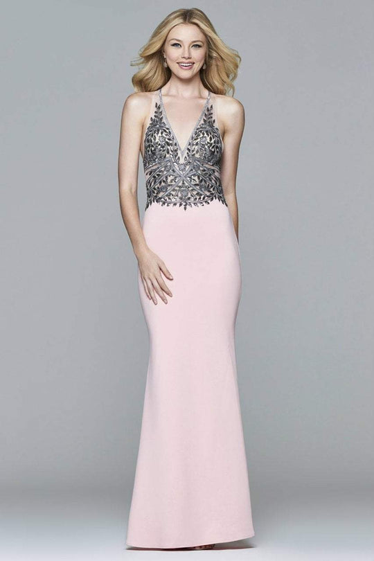 s7961 Long fit and flare with embroidered v-neck bodice