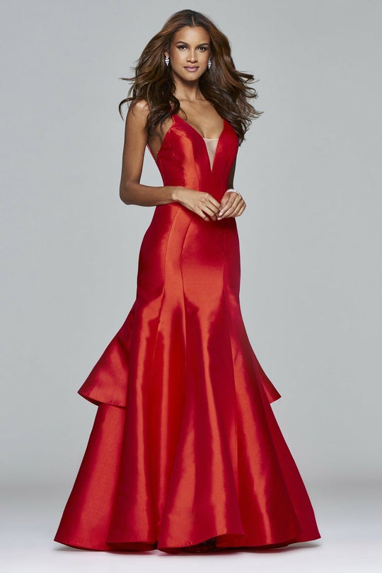 s7965 Long v-neck ball gown with ruffle overskirt