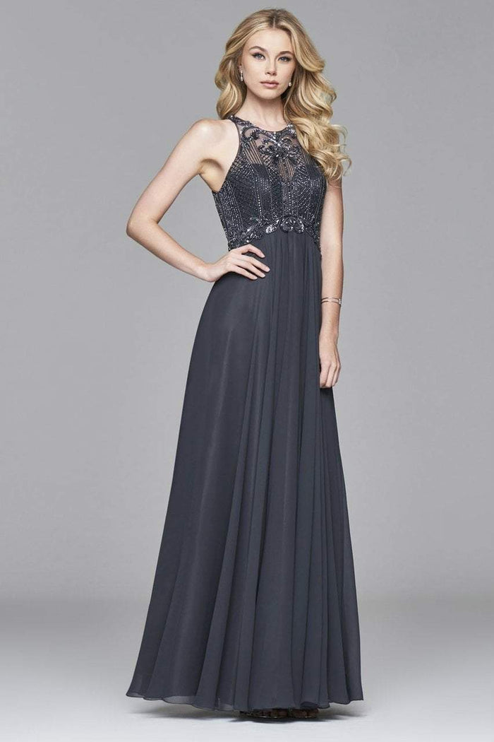s7989 Long chiffon dress with bead detailing
