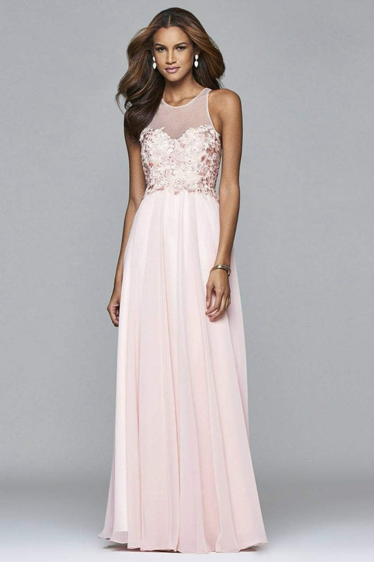 s7997 Long chiffon fit and flare with applique top