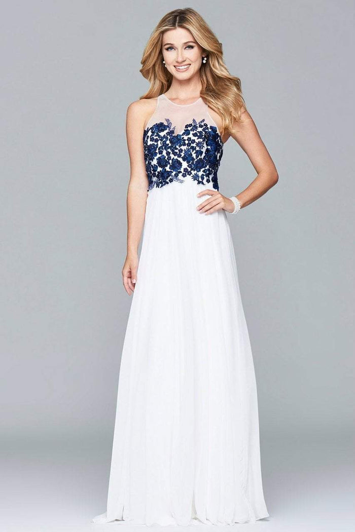 s7997 Long chiffon fit and flare with applique top
