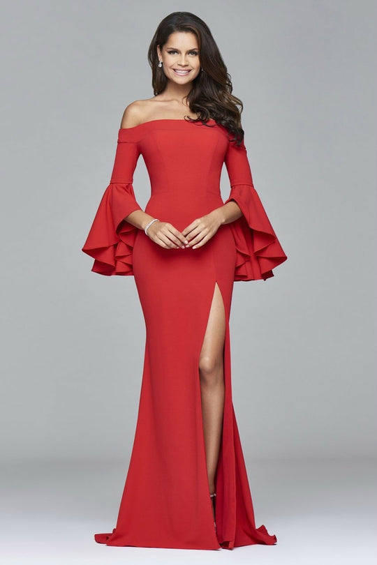 s8002 Long off-the-shoulder crepe dress