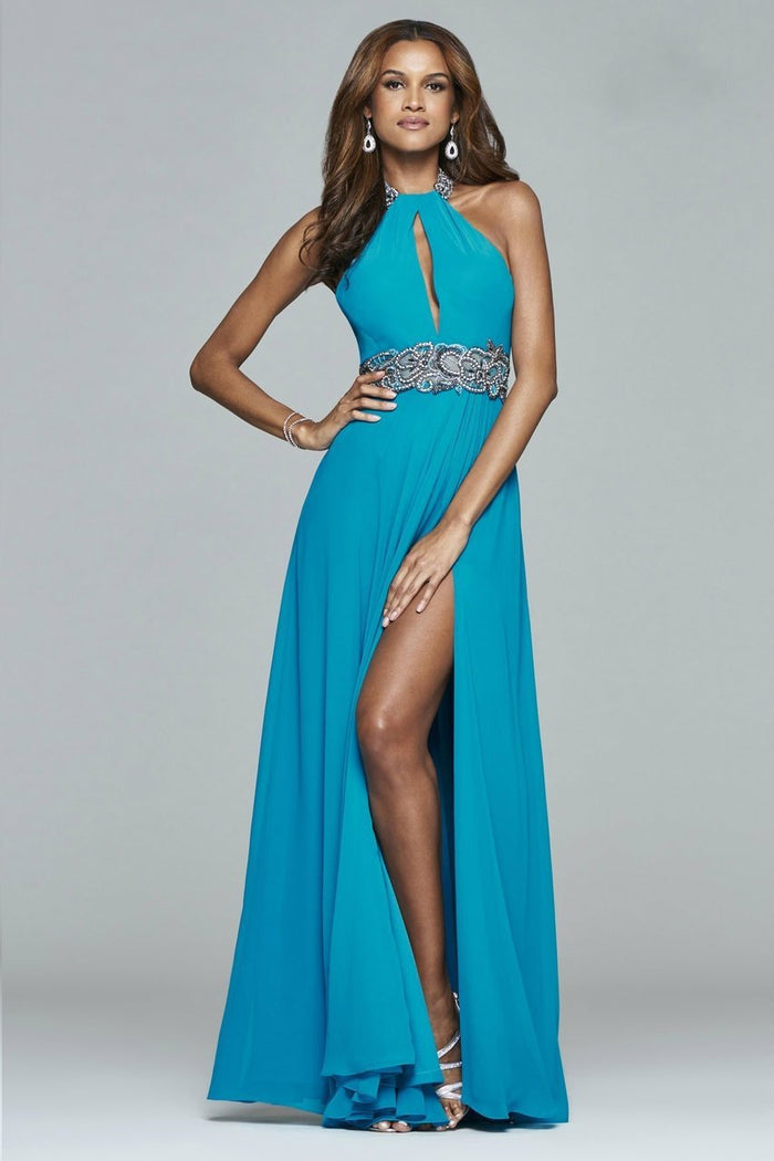 s8015 Long chiffon dress with beaded neckband and waistband