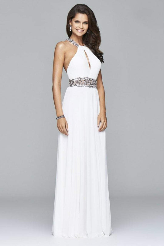 s8015 Long chiffon dress with beaded neckband and waistband