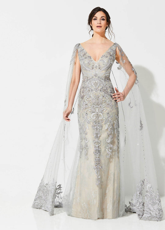 Ivonne D for Mon Cheri - 219D73 Embroidered V-neck Sheath Dress In Silver and Nude