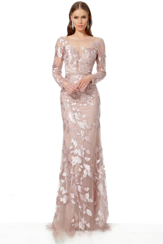 Jovani - 66914 Illusion Bateau Long Sheath Dress In Pink and Neutral
